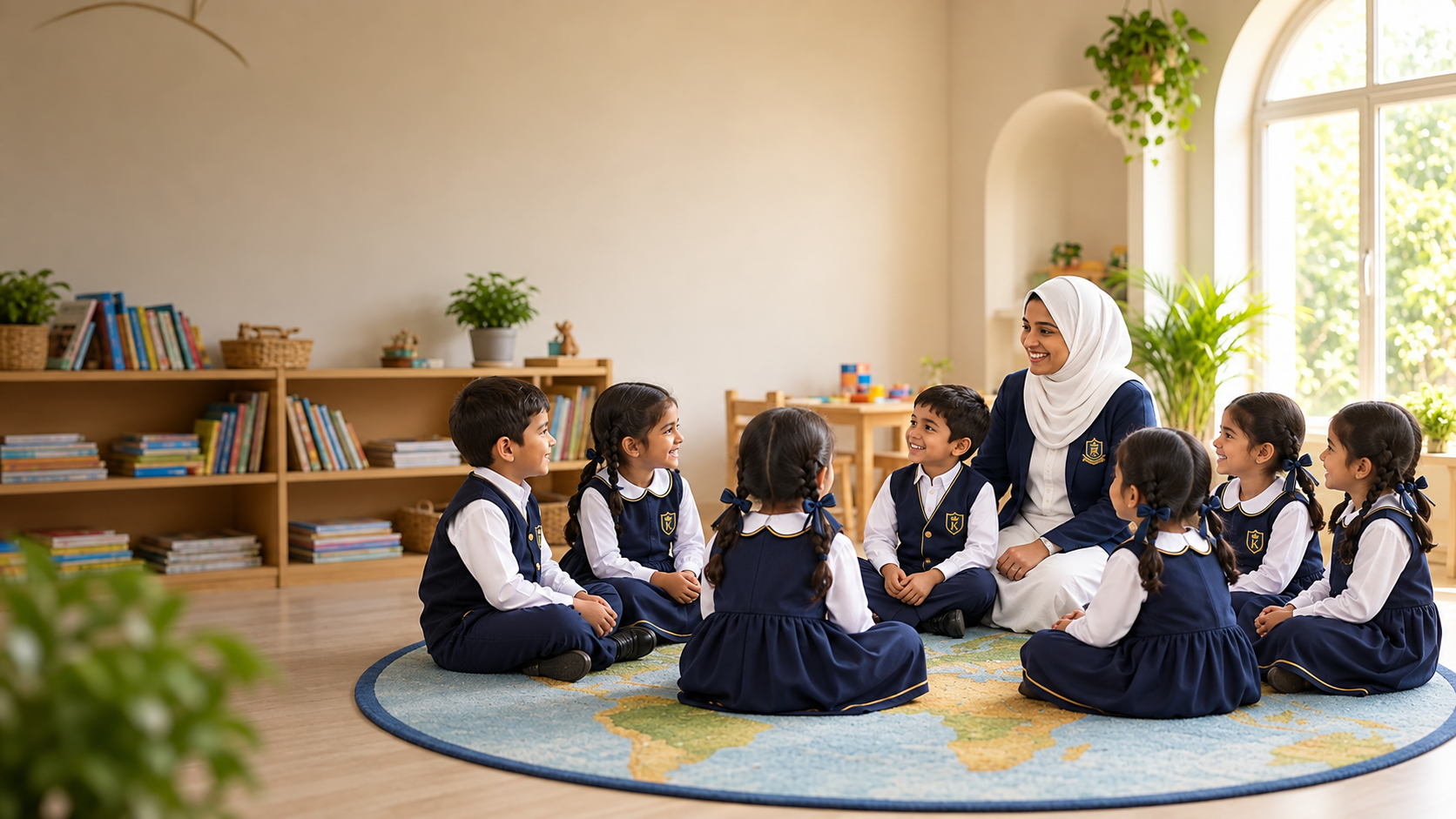 Children on a world-map rug listening to their teacher in a bright reading corner