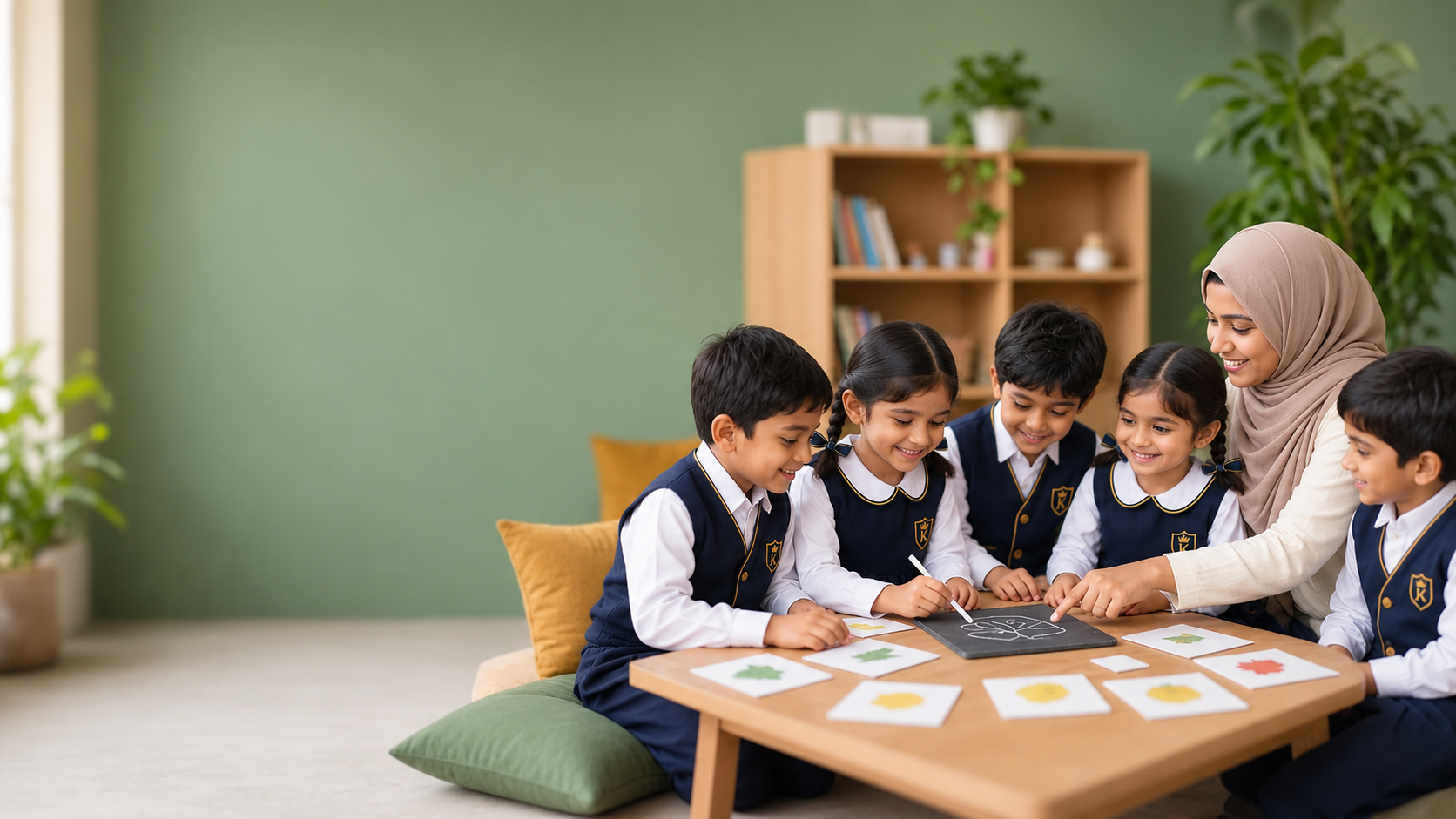 A teacher in hijab helping a small group of children trace letter shapes