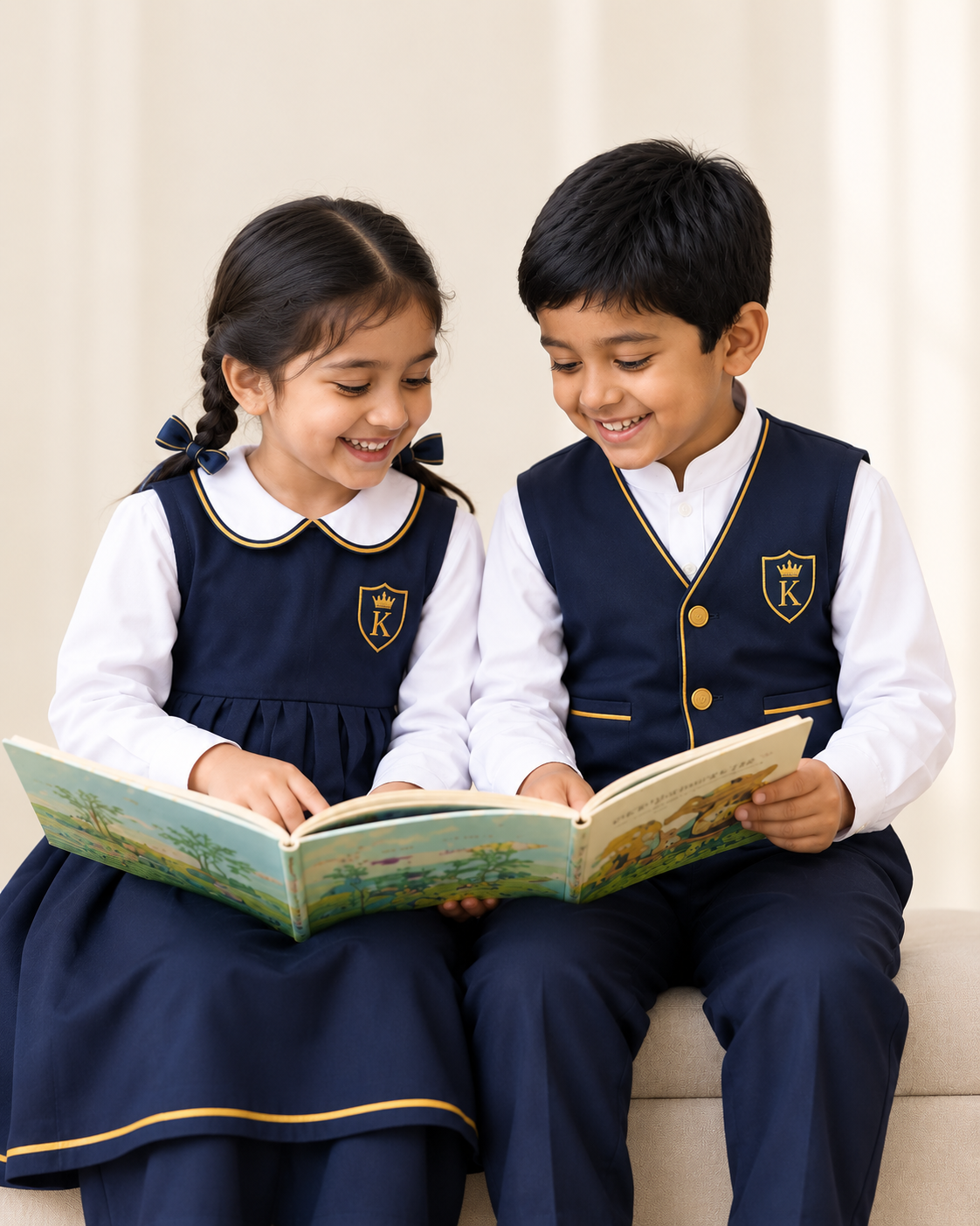 Two young children reading picture books in a cosy reading nook