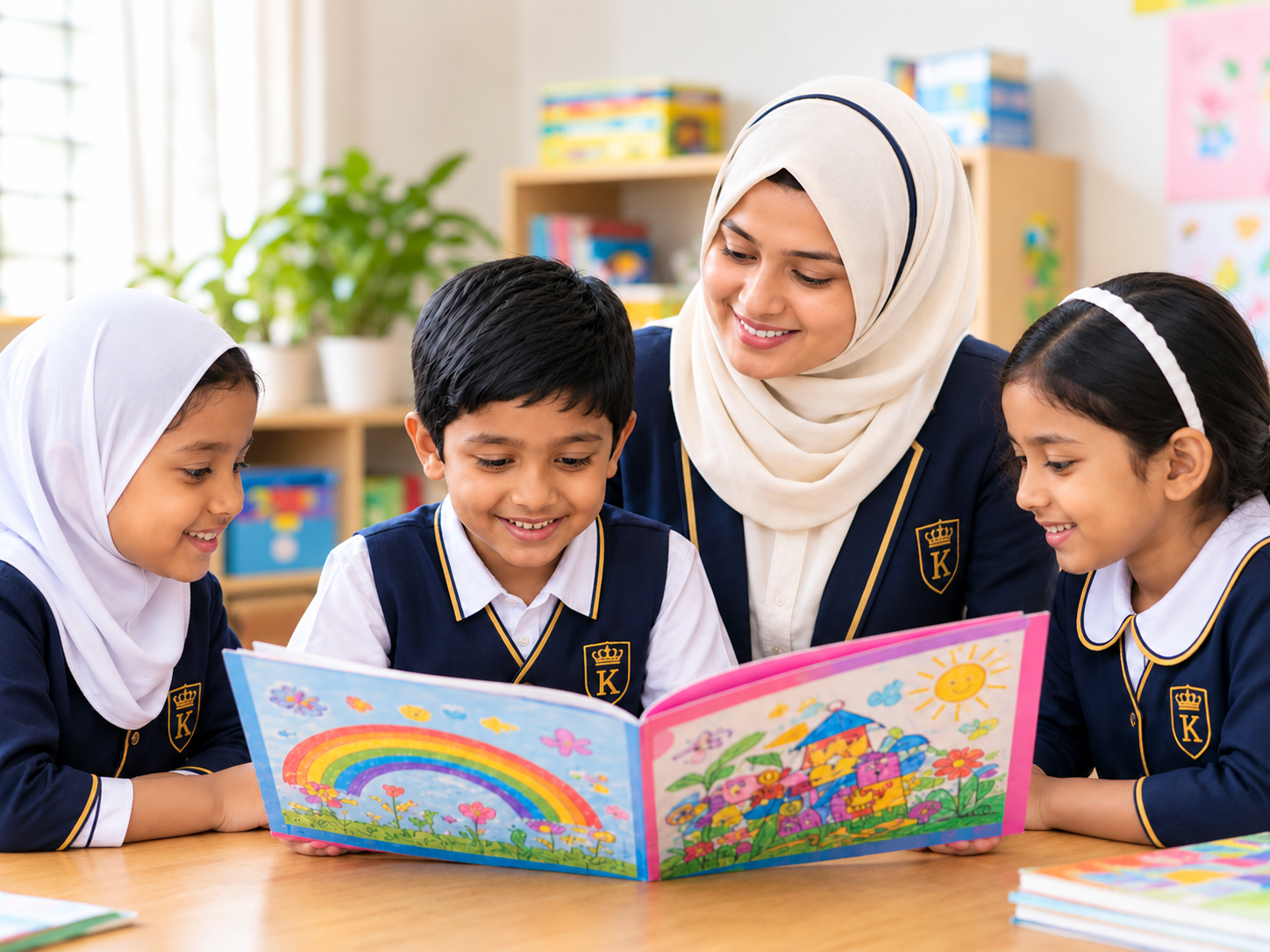 A teacher looking through a folder of children's work with three pupils