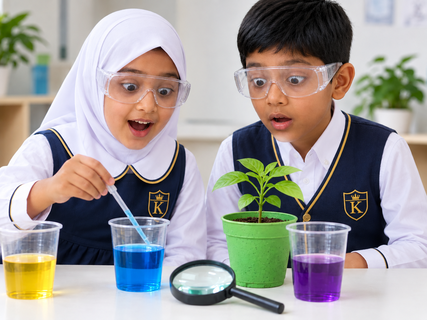 Two children in safety goggles doing a simple science experiment