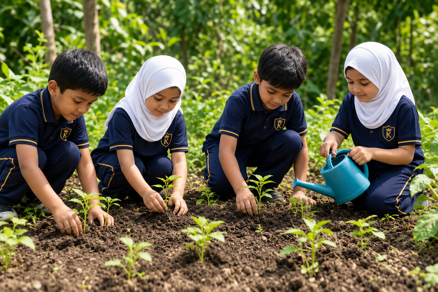 Children planting seedlings in the school garden