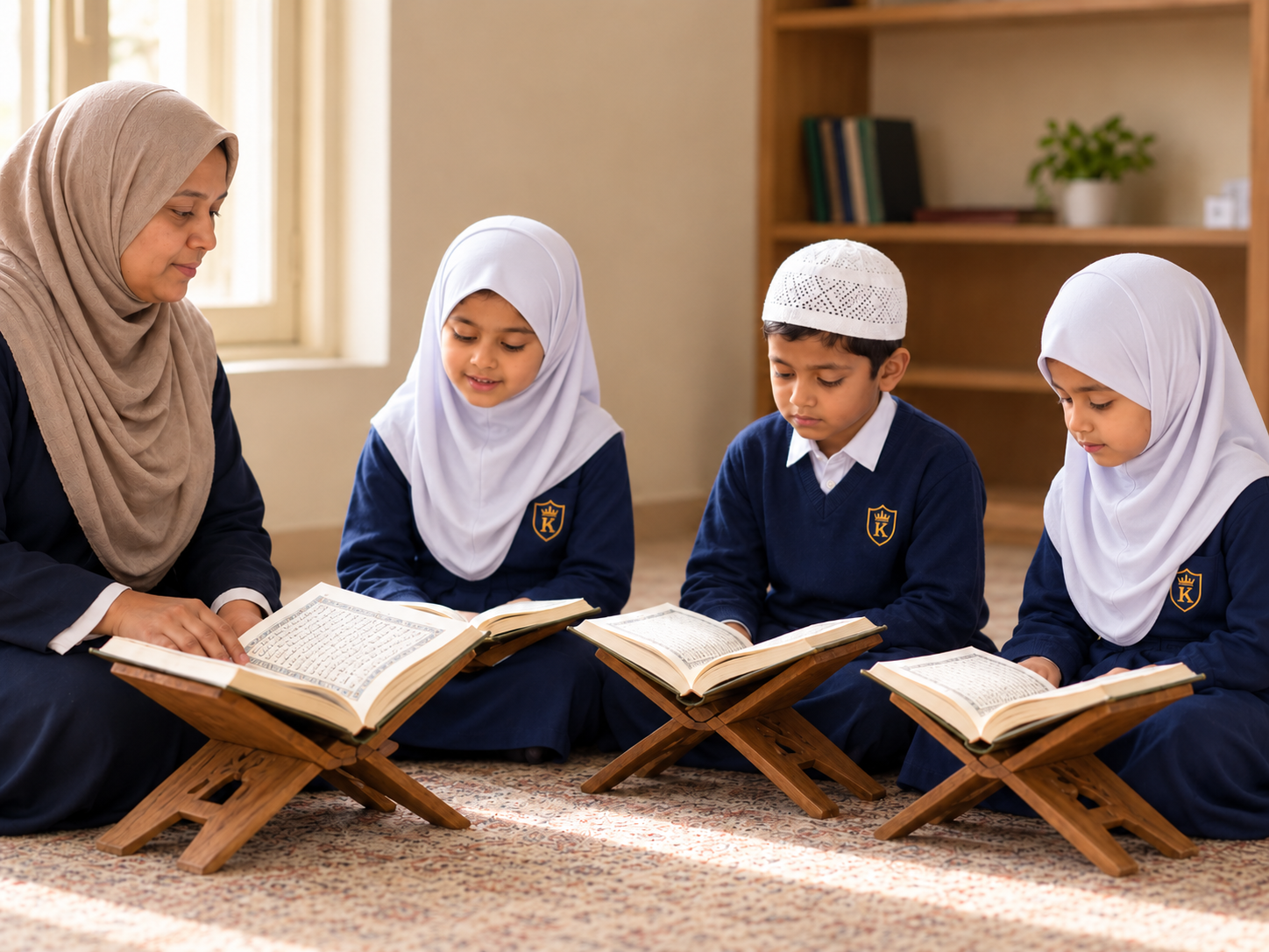 A teacher in hijab guiding children reading the Quran on wooden stands