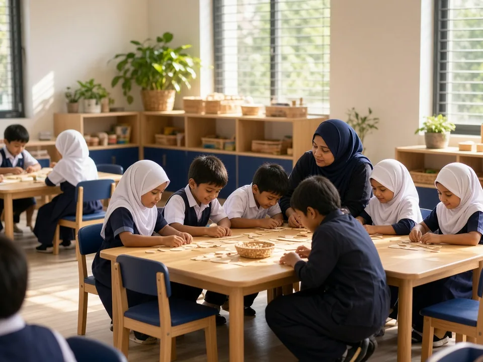 Children working in small groups in a sunlit kindergarten classroom