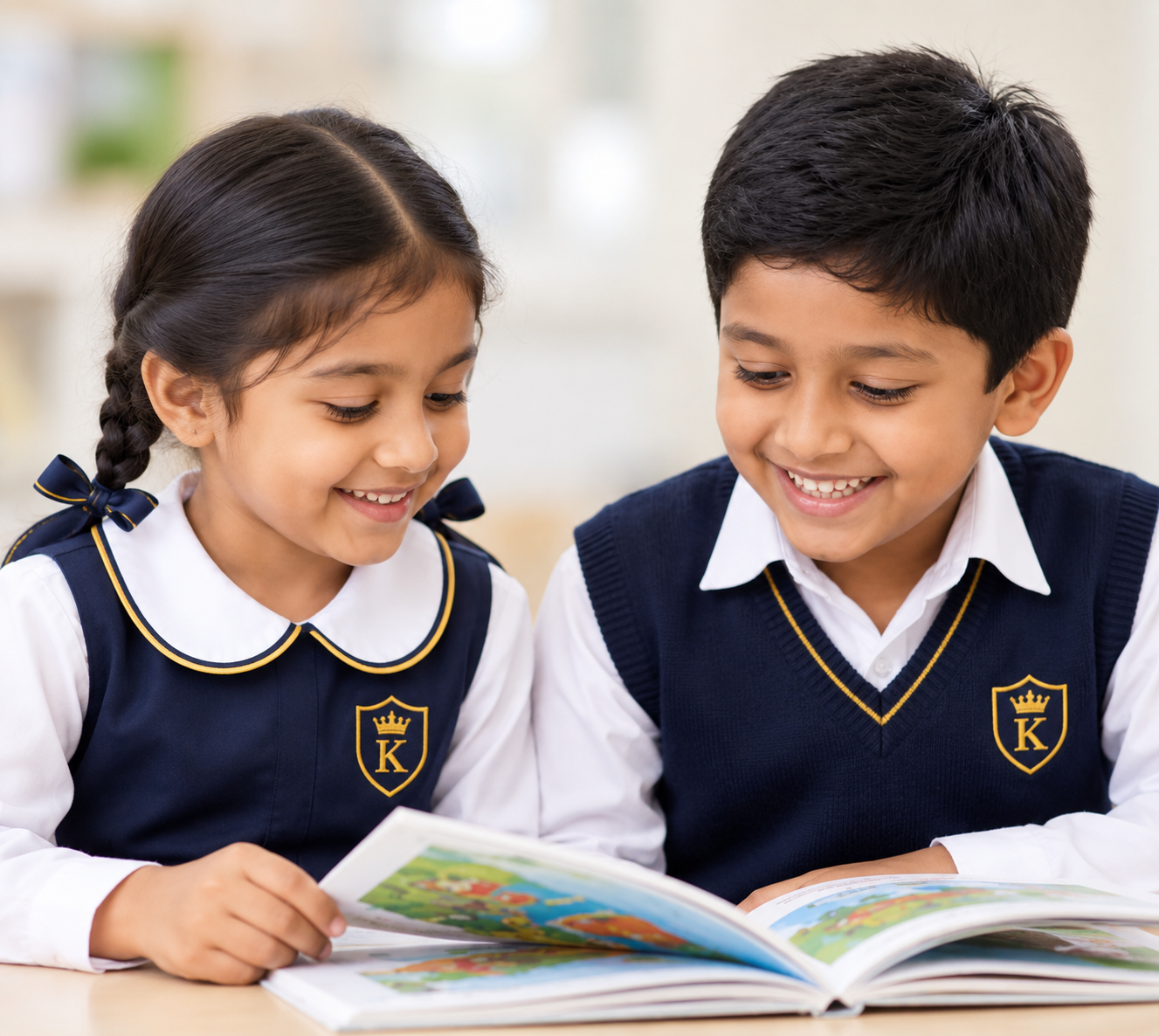 Two children sharing a picture book at their desk