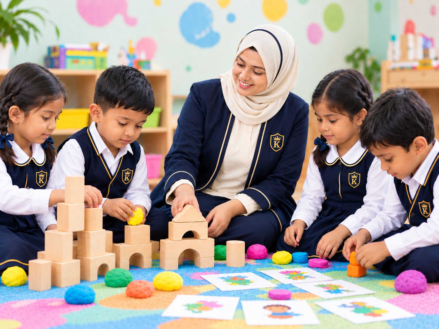 Preschool children playing with blocks and play dough with their teacher