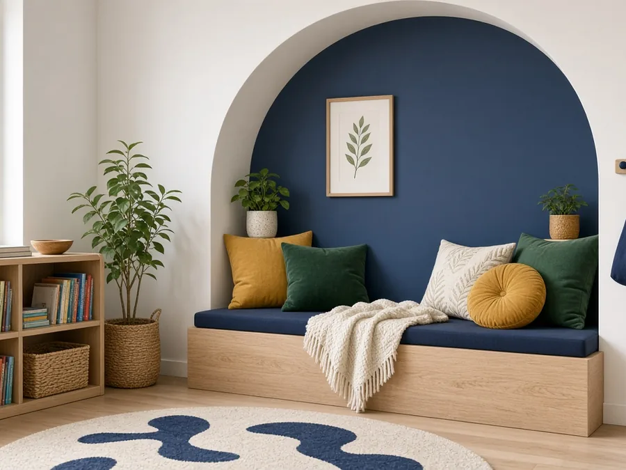 A cosy reading corner with cushions and bookshelves