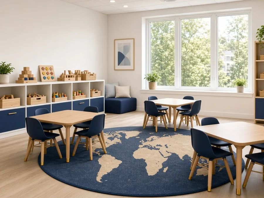 A bright KG classroom with small tables and learning shelves