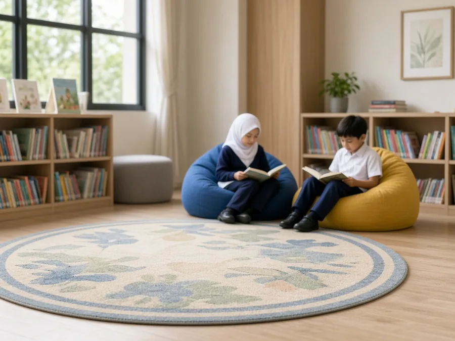 A school library corner with bean bags and low shelves