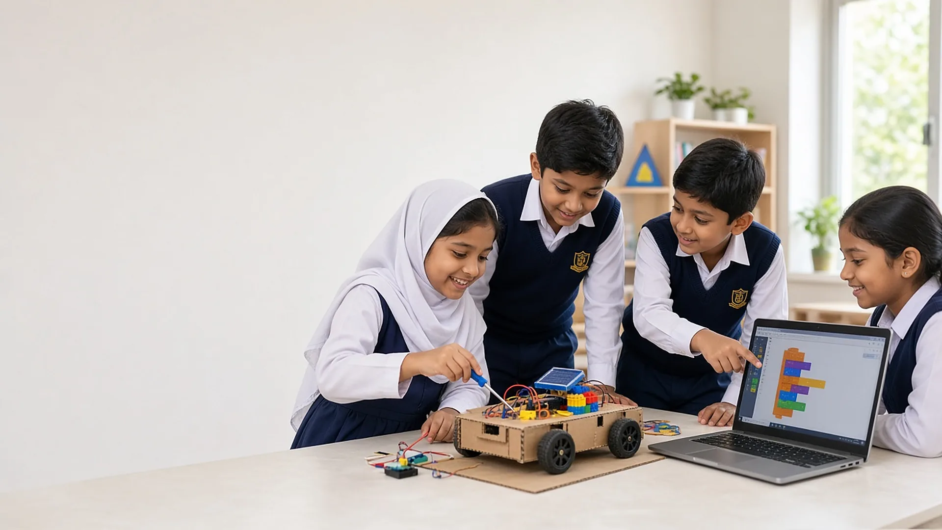 Primary pupils building a small robot car together in the STEM corner