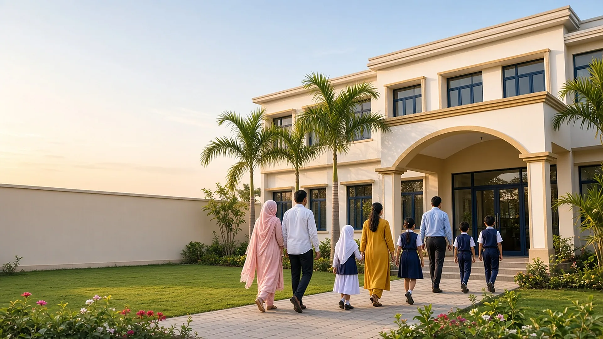 Children walking into a warm modern school building at golden hour