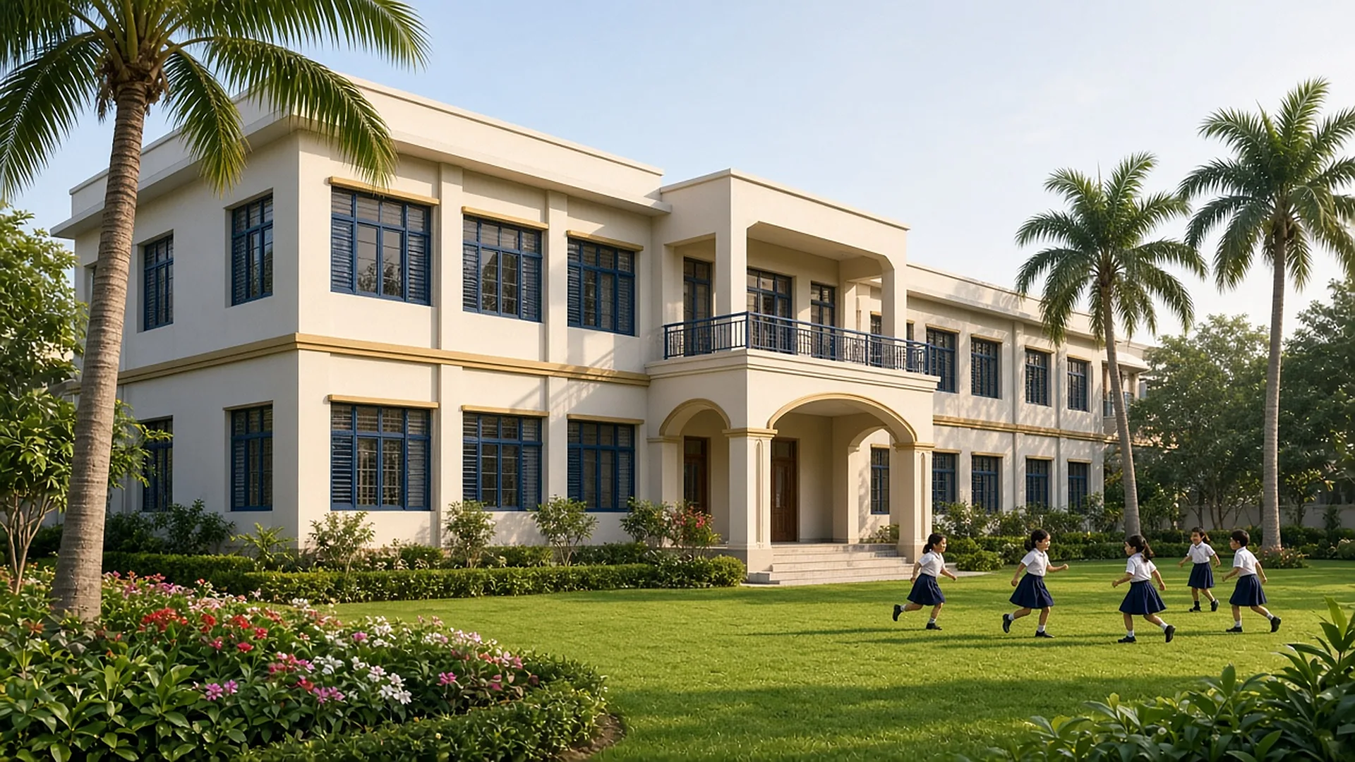 The school building on a bright morning
