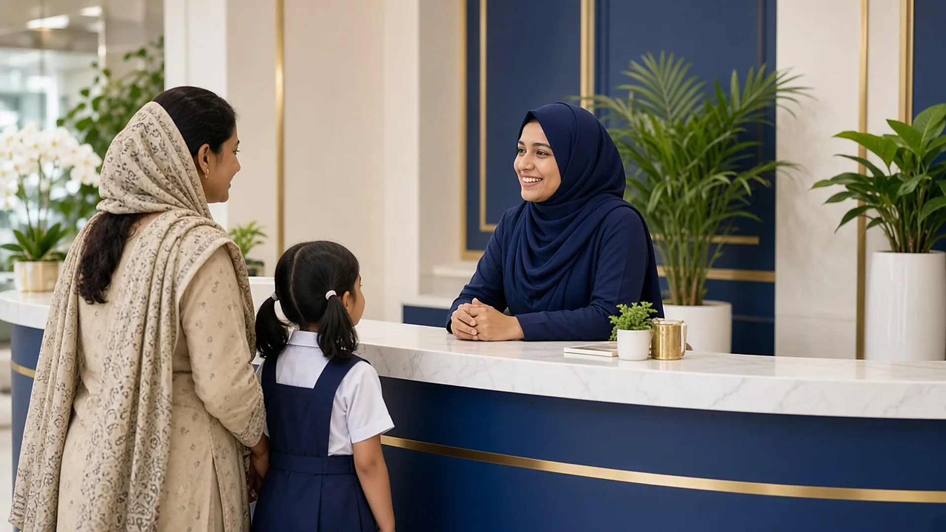 A parent and child being welcomed by a teacher