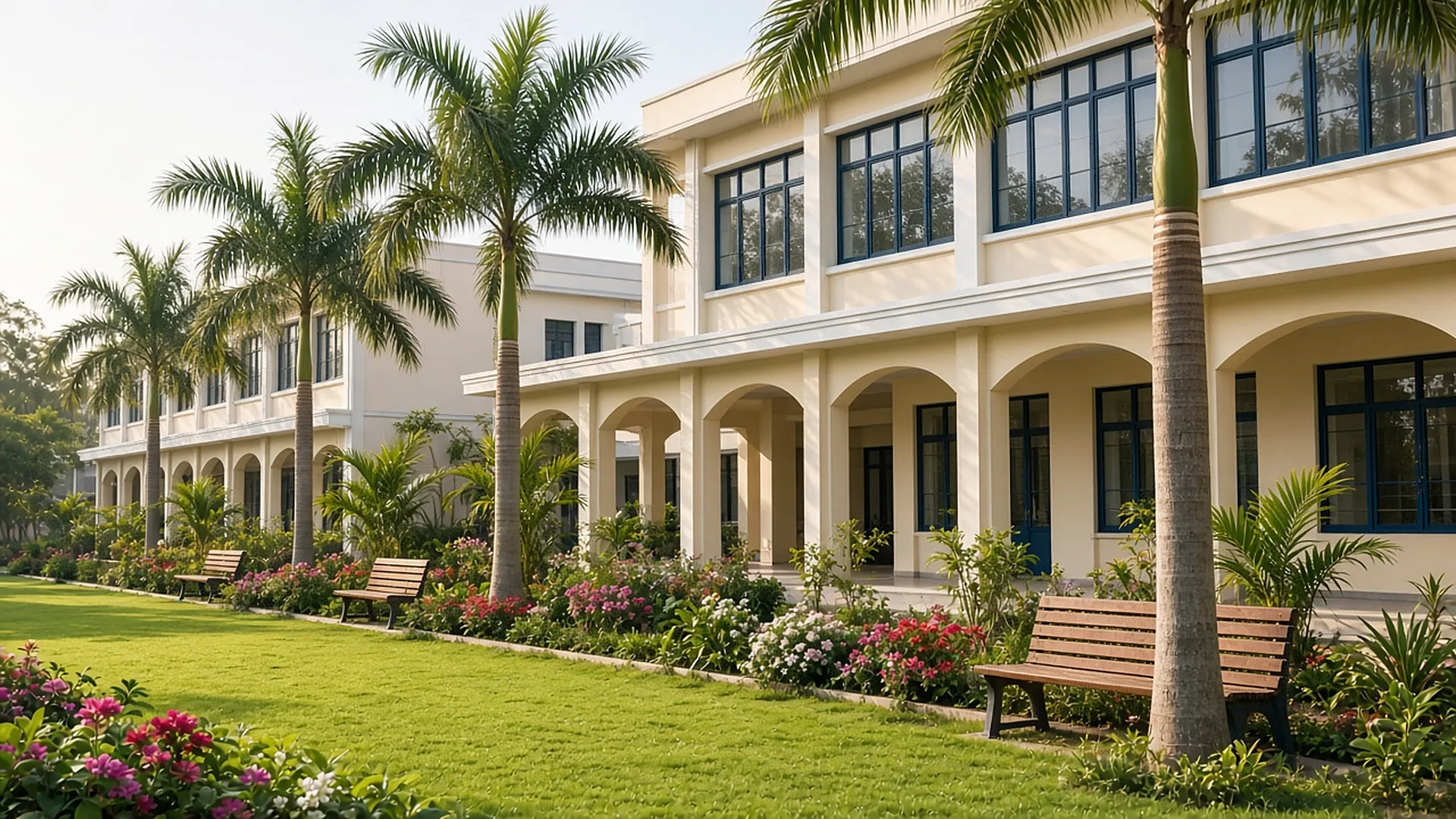 The school front garden with a covered walkway