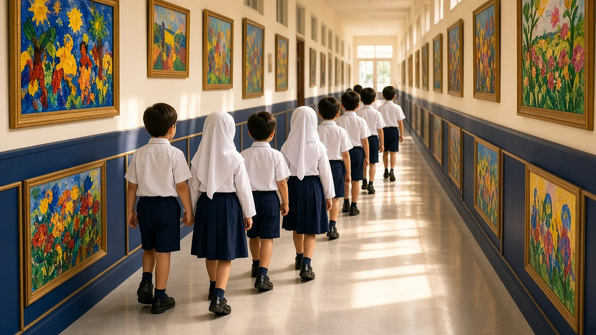 Children walking hand in hand down a school corridor