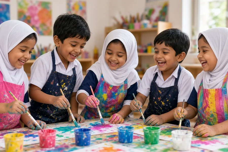 Children painting at an art and craft table