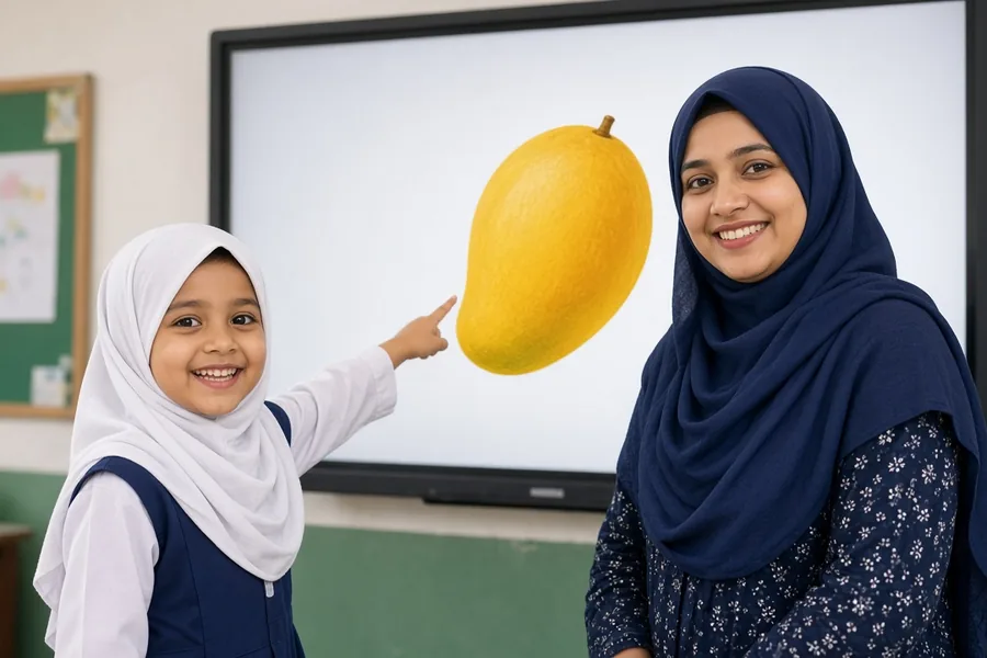 A girl pointing at a picture of a mango on the classroom screen