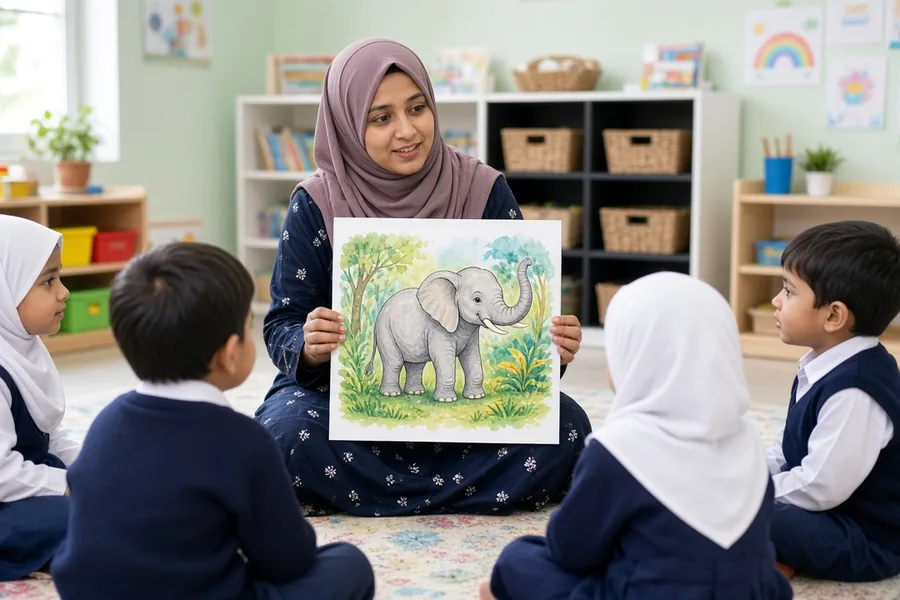A teacher showing a picture card to attentive preschoolers