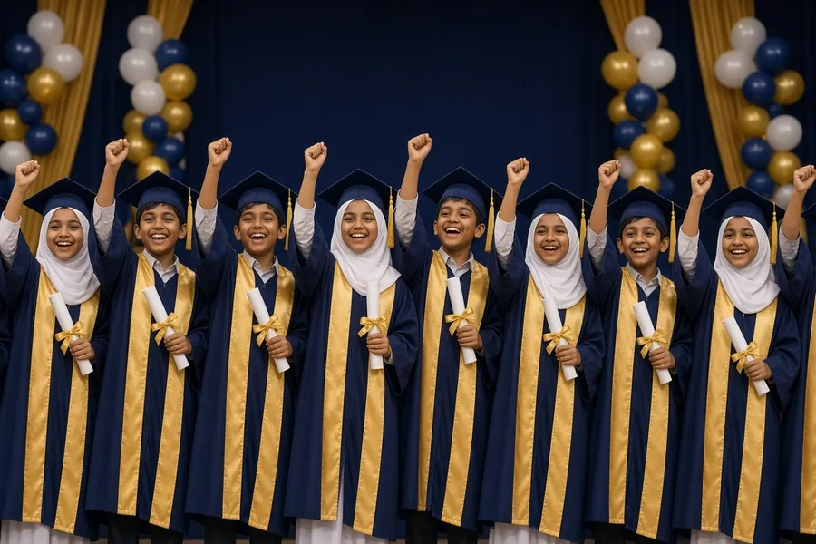 Class 5 pupils in gowns celebrating with their certificates