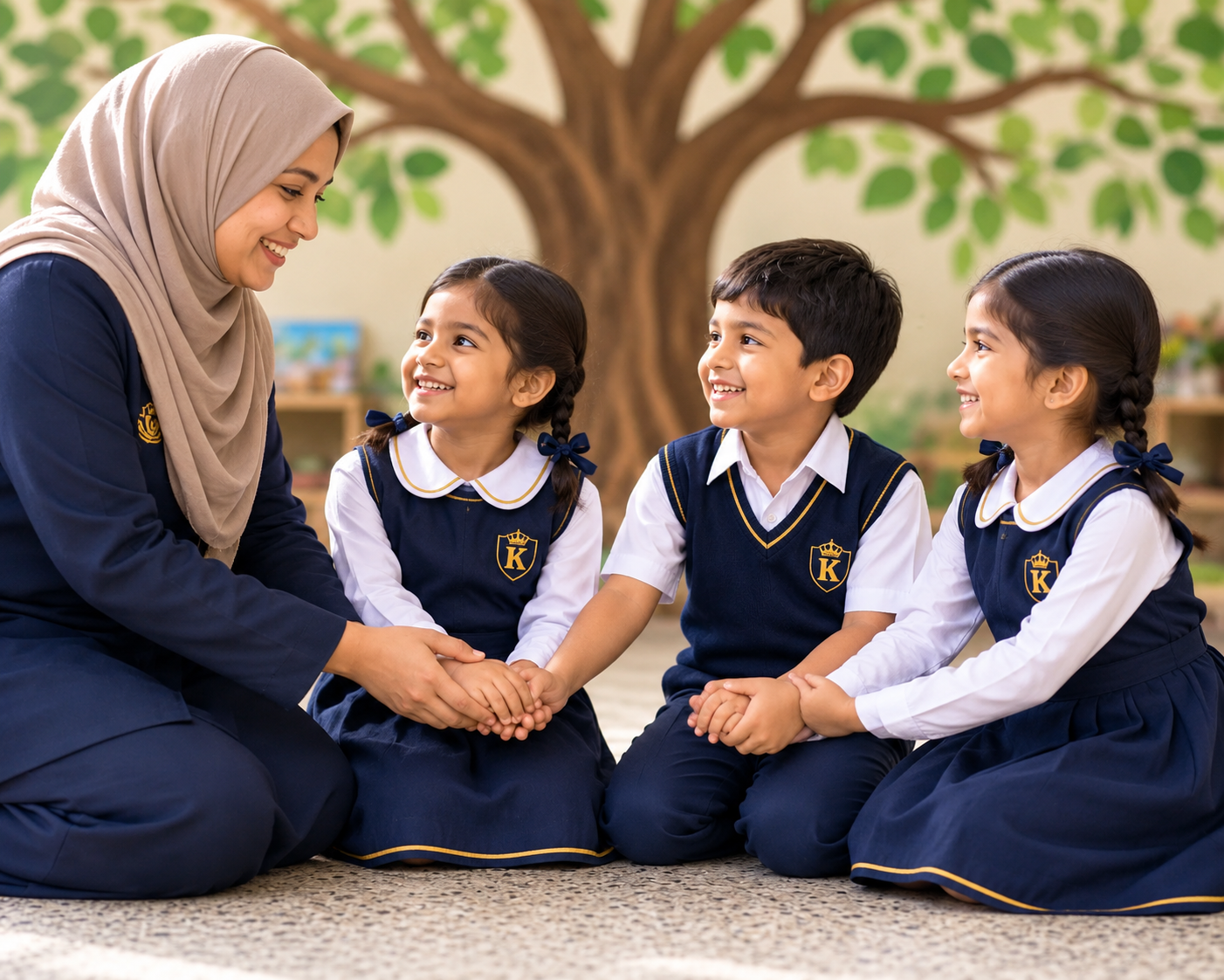 A teacher kneeling with three young children in a sunny classroom